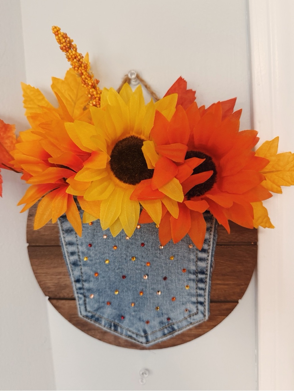 Decorative Sunflower Wall Hanging with Denim Pocket - Orange & Yellow